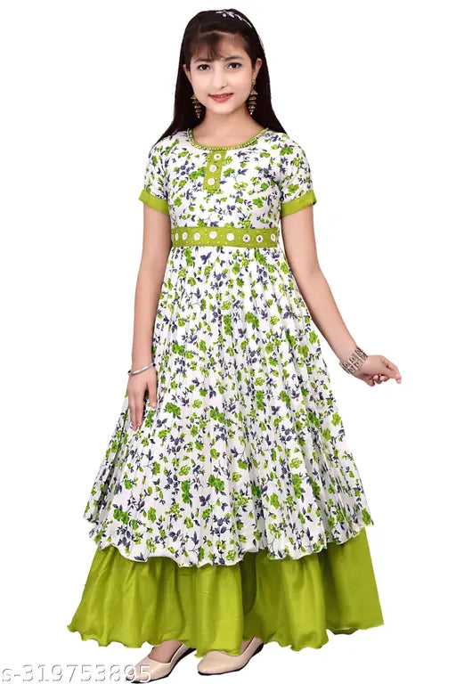 Green Cotton Blend Short Sleeve Casual/Western Wear Gown Dress for Girls, perfect for summer with easy returns available