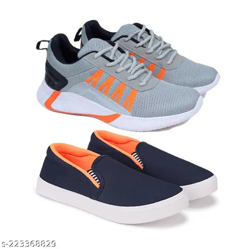 Bersache casual sneakers, navy blue and grey with orange accents, canvas material, suitable for kids, pack of 2