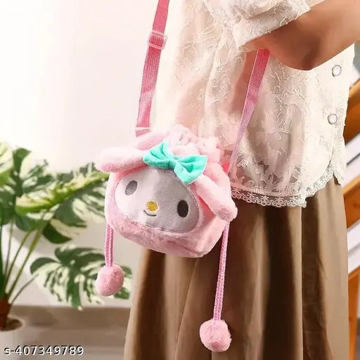A cute korean style fur crossbody sling bag featuring a Sanrio face, with one compartment
