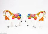 Handcrafted white and multicolor Paper Mache horse showpiece set, enhancing home decor with traditional-contemporary appeal, made in India (14cm, 18cm)