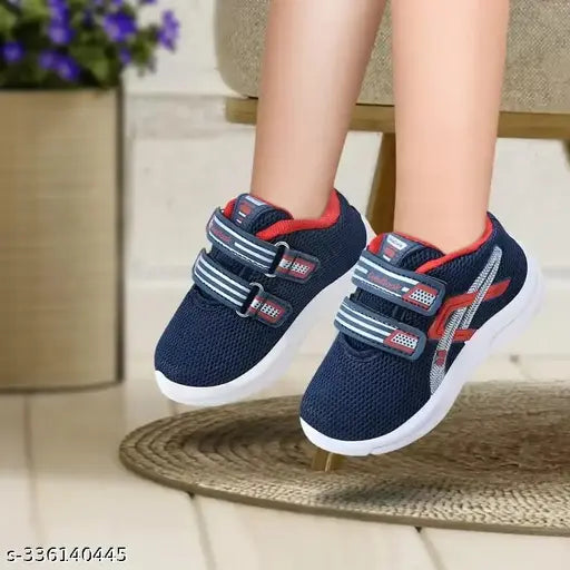 Blue and red kids' velcro athletic shoes with straps