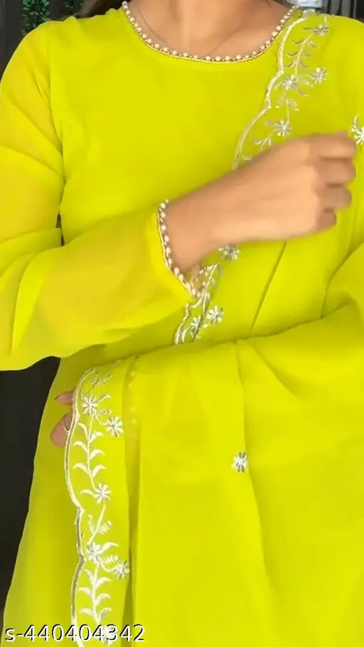 Lime green georgette anarkali gown with embroidered dupatta, ideal for festive occasions and parties