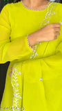 Lime green georgette anarkali gown with embroidered dupatta, ideal for festive occasions and parties