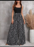 Imported heavy moss print modal jumpsuit, wide leg flared style for women. Sleeveless, perfect for parties or casual wear