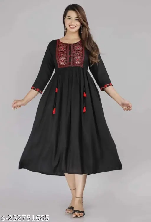 Rayon embroidered kurti, three-quarter sleeves, Indian ethnic wear for women (M: 38in bust, L: 40in bust, XL: 42in bust, XXL: 44in bust)