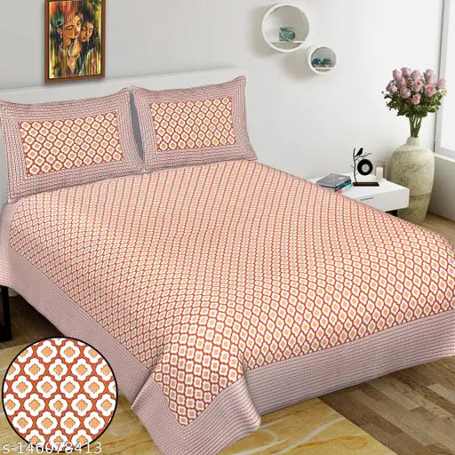 100x108 double bed sheet with zipper pillow covers, printed in orange and white cotton pattern