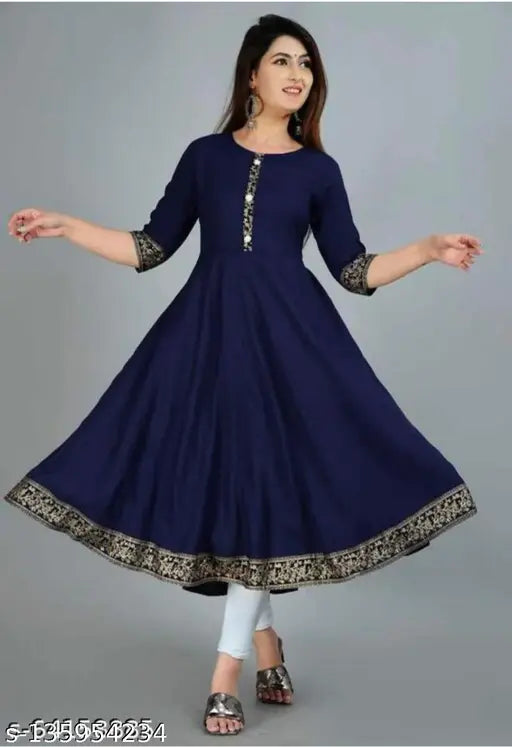 Rayon kurti with gold print border, three-quarter sleeves, printed combo for women