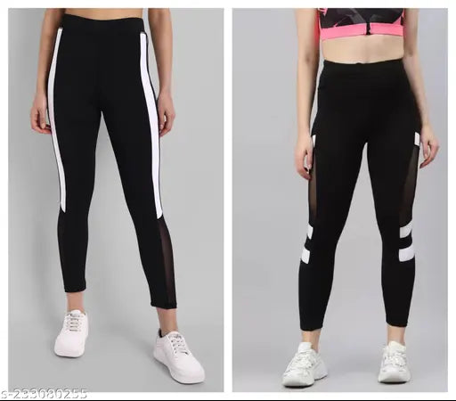 Green-shade striped net lycra track pants for women, best for gym and tracking wear - pack of 2 for classic workout look