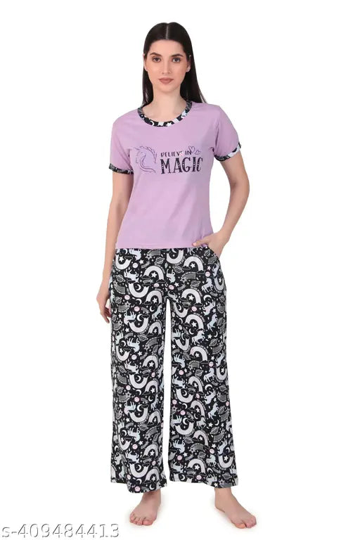 Denim Art cotton blend printed night pallazo suit for women, loose-fitting hosiery fabric for comfortable sleep, made in India