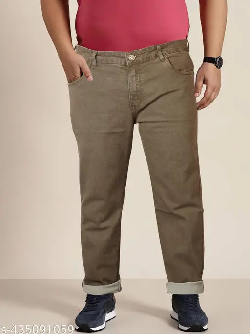 Plus size men's stretchable denim jeans in beige by RIG BONE, ideal for all sizes. Available in various waist (37-49in), length (all 42in), and hip sizes (42-54in). Made in India