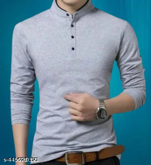 Trendy polyester full sleeve ban collar t-shirt in solid color, versatile fashion apparel for men