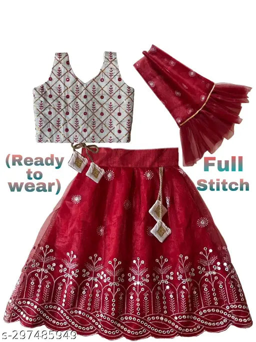 Taffeta silk and net floral stitch lehenga set with matching net dupatta for kids aged 6-8 years, Indian traditional partywear on display