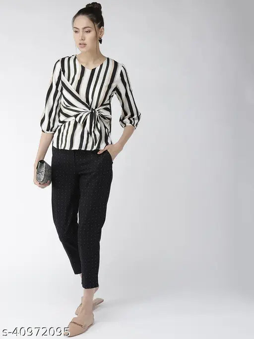 Off-white black striped top (polyester, three-quarter sleeves) - women's fashion from Style Quotient, India