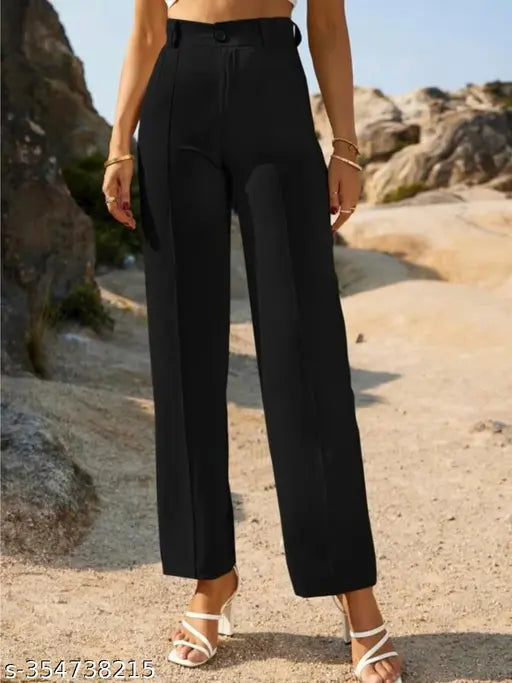 Black, classic style women's high waisted bell bottom trousers