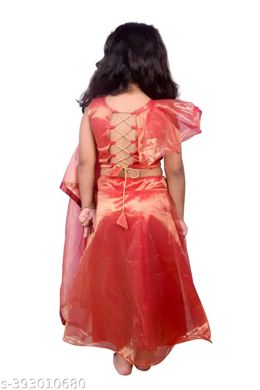 Silk blend lehenga choli with dupatta, applique stitch design, sleeveless, Indian traditional wear for 2-3 years