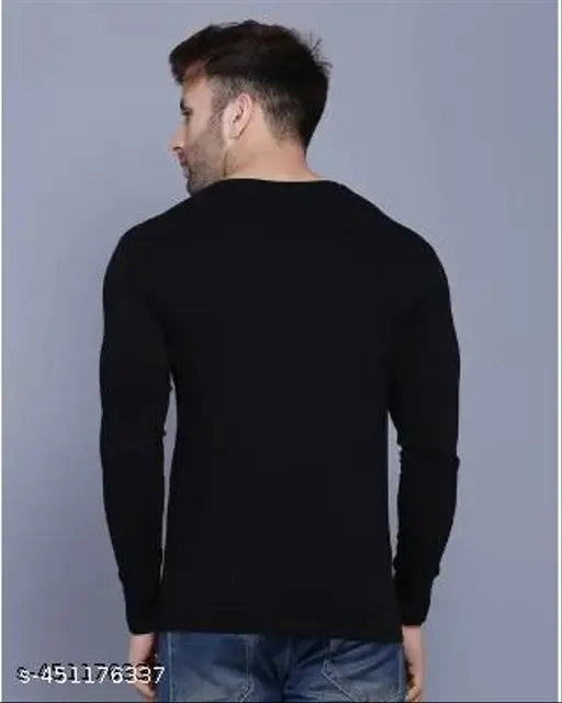 Black 100% cotton round neck long sleeve t-shirt, man wearing it.