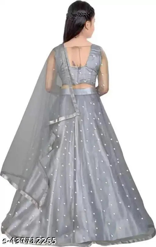 Polka print Art Silk lehenga choli and dupatta set for girls party wear, embellished with long sleeves and stitched net detailing