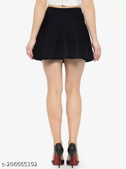 Polyester solid high-waist flared skater mini skirt, stretchable elastic band, thick waist, skin-friendly material - AF Women's & Girls