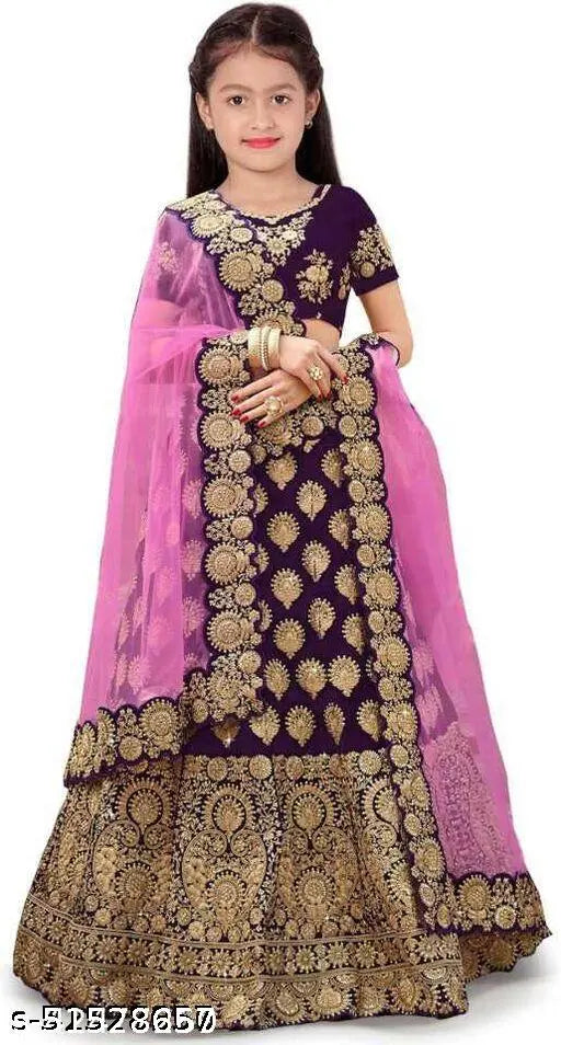 Modern stylish satin kids' lehenga cholis with net dupatta, embroidered and semi-stitched, multiple sizes available