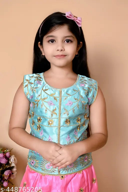 Chanderi silk kids lehenga choli set with net dupatta, embroidered and stitched for 1-7 year old girls