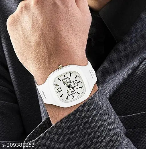 White and black wrist watch with a millar square dial, silicone strap