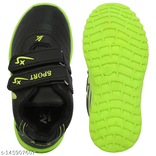 Bright green kids sneaker, walking shoe with LED lights, adjustable velcro closure