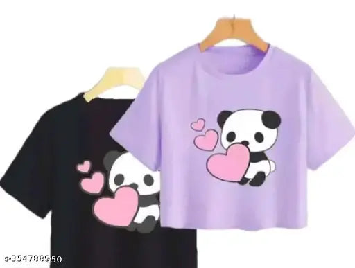 Cotton blend printed panda crop top in black and purple on model, size XS-XL