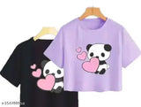 Cotton blend printed panda crop top in black and purple on model, size XS-XL
