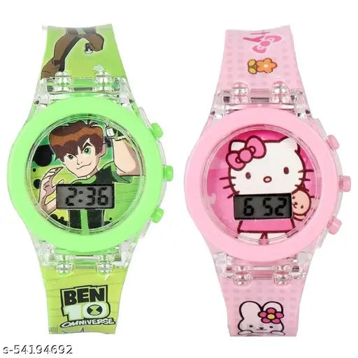 Stylish kids' watches with customizable straps and digital displays featuring animated characters