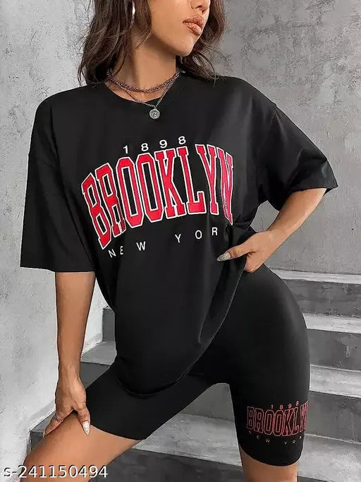 A print of 'Brooklyn New York' on a black round neck tshirt