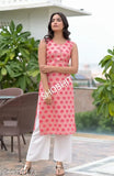Rayon sleeveless pink kurta with palazzos, printed net, single set in size XS-XXL, on model display stand