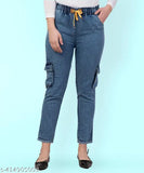 Stretchable Premium Denim Cargo Blue Jogger Jeans, waistband on mid-thigh, pocket style cargo pockets, blue denim material