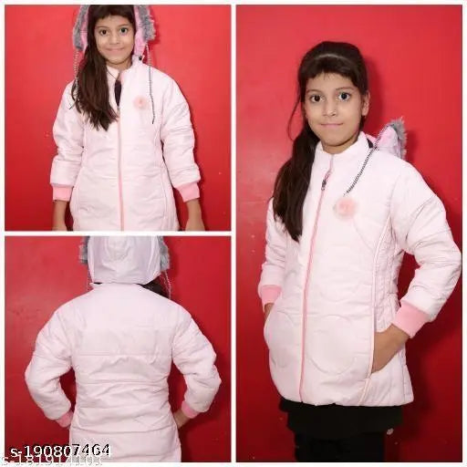 Pink jacket with hood and buttons, young girl posing