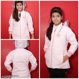 Pink jacket with hood and buttons, young girl posing