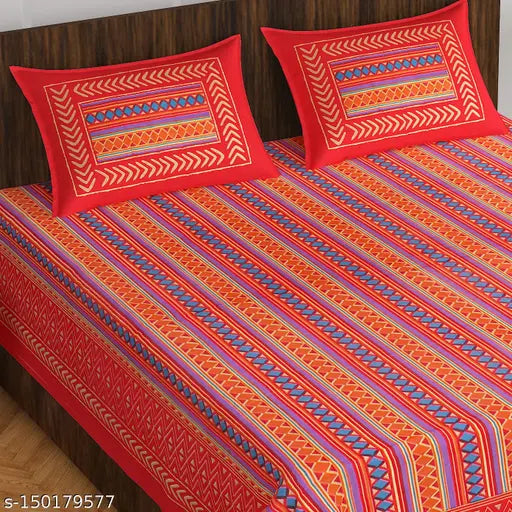 Jaipuri printed cotton double bedsheet, geometric pattern, regular quality, 2 pillow covers included, ideal for summer use, 160 thread count