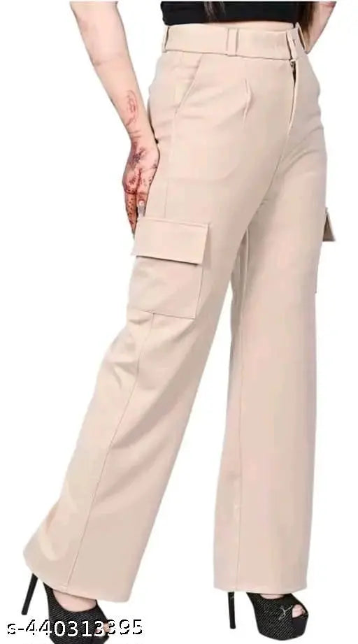 Tan cargo pants, side pockets, high waist
