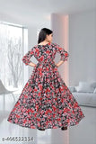 Cotton blend floral Georgette printed frock with three-quarter sleeves for summer fashion, suitable for kids aged 9-16 years