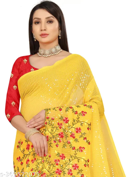 Pink georgette silk party saree with sequin work and red blouse, for women's wear