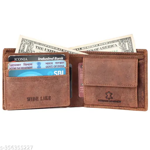 Brown, genuine leather HIDE LIKE RFID blocking wallet with 5 compartments for men, hand-stitched and aged for longevity
