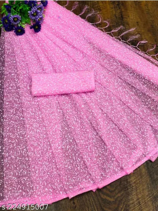 Gulabi cotton blend net saree with rabarprint pattern, free size, India origin