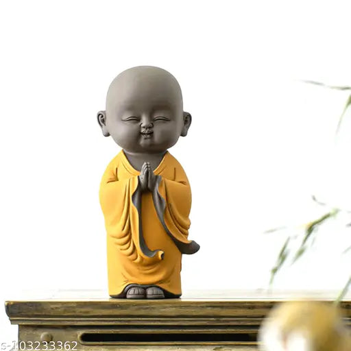 Resin Namaste Buddha monk statue, 10cm L x 25cm H x 10cm B, handcrafted in India