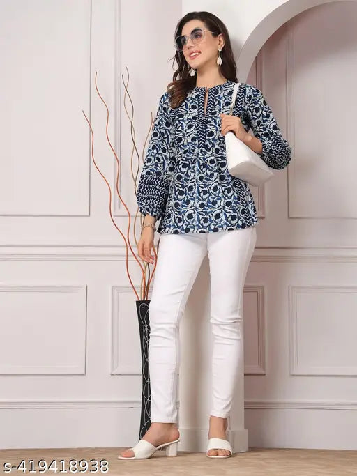 Navy blue viscose floral printed top with three-quarter sleeves, round neck - women's fashion apparel