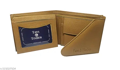 Solid faux leather tri-fold compact men's wallet with ID window, coin pocket, and multi-card slot. Top-selling trendy gents purse, free size (23cm x 9cm)