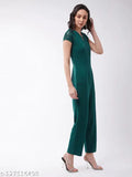 Green polyester solid v-neck jumpsuit with sequin panels, India-made women's fashion