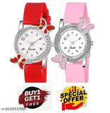 A watch combo with a white dial and multicolored straps, featuring an analog display and butterfly design