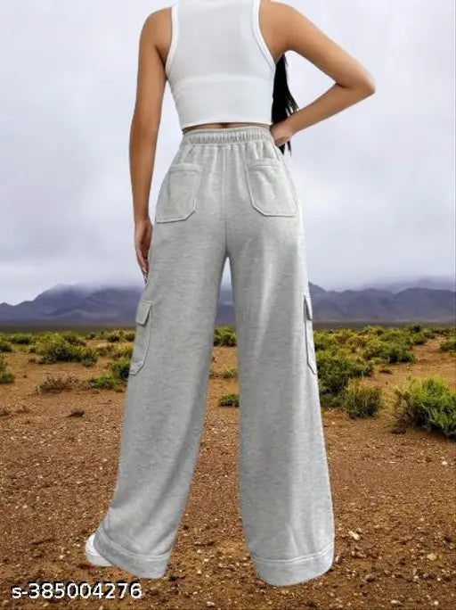Grey women's cotton blend solid trousers for daily wear with 6 pockets, ideal for a casual outfit. Made in India