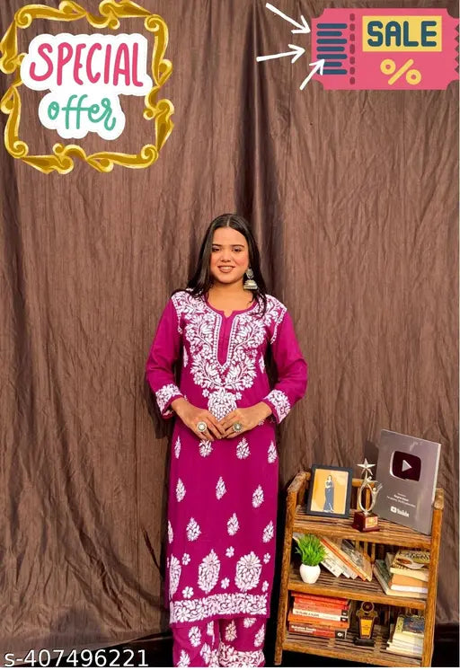 Rayon embroidery kurta with printed palazzo pants, three-quarter sleeves, and dupatta. Indian fashion for women, multiple sizes available