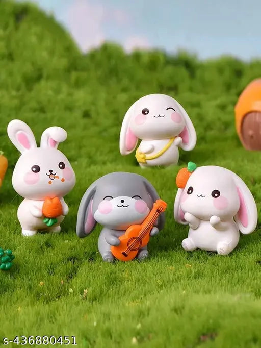 Multicolor miniature rabbit figurines (set of 4), high-quality poly resin, ideal for home decor, office, or garden decor, vibrant and cute