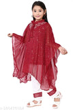 Red ethnic kids cotton blend anarkali set, embellished top with long sleeves and above-knee length, 2-3 years or 5-6 years Indian clothing for kids