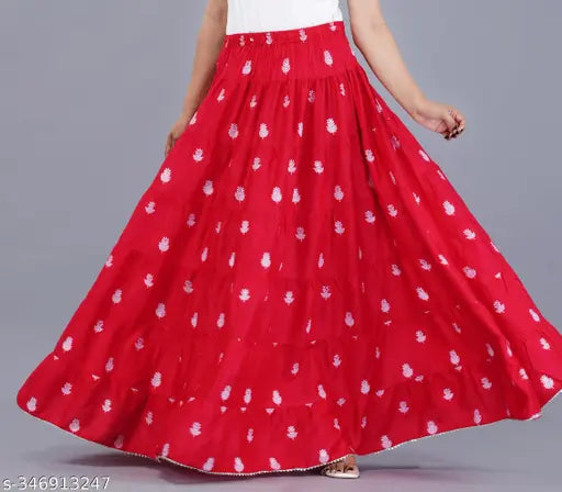 Red flower print long skirt